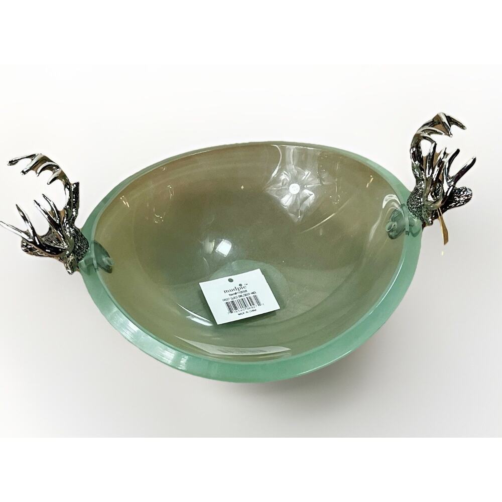 Mud Pie Green Glass Bowl Double Handle Stag Heads w/ SILVER Tone Antlers/ Deer